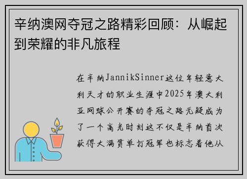 辛纳澳网夺冠之路精彩回顾：从崛起到荣耀的非凡旅程